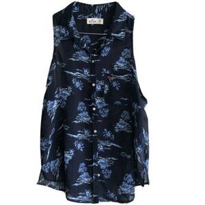 Hollister Blue Sheer Top M Longline Tropical Print Button Sleeveless Palm Tree